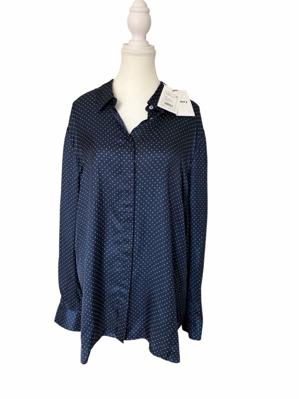 NWT Theory XXL Navy White Classic Straight Polka Dot Saglia Hidden Button Up
